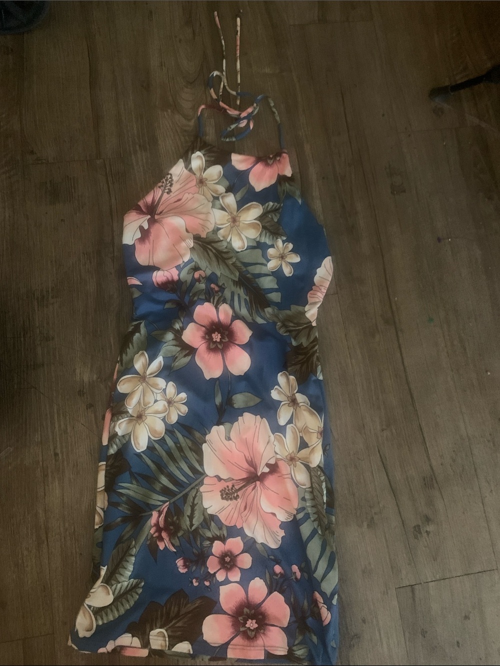 hello miss Blue Floral Halter Dress with Pink & Cream Blossoms